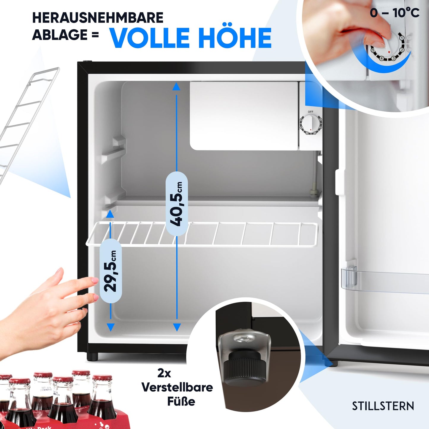 Stillstern Mini-Kühlschrank 45L – Abtauautomatik, Frostfach, Schloss, leise (Energieklasse E), ideal für Küche/Büro/Hotel, weiß