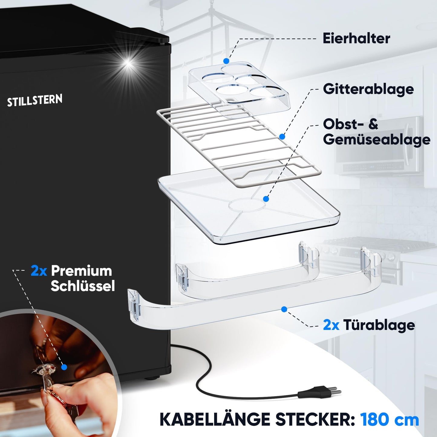 Stillstern Mini-Kühlschrank 45L – Abtauautomatik, Frostfach, Schloss, leise (Energieklasse E), ideal für Küche/Büro/Hotel, weiß
