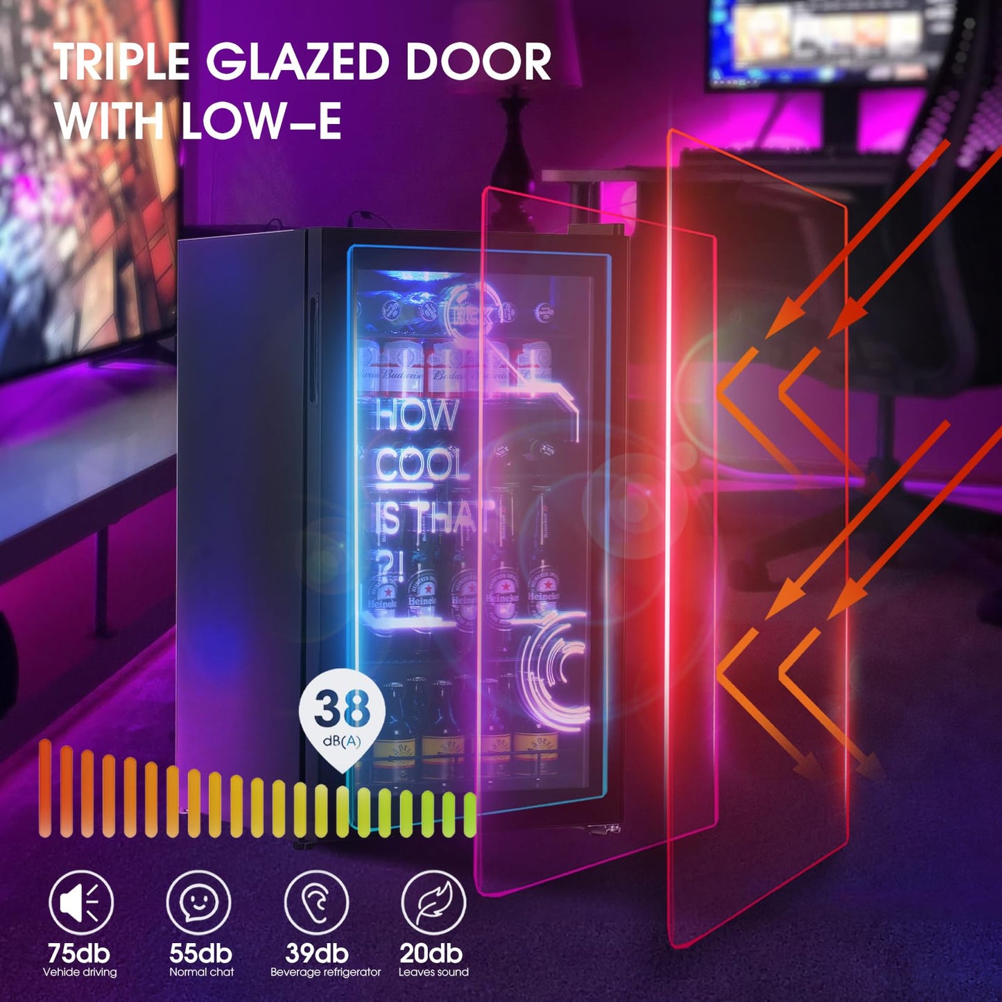 HCK 98L Getränkekühlschrank mit RGB-Cyberpunk-Beleuchtung & Glastür – 39dB leise, 0-15°C, Minibar für Gaming-Zimmer, Küche, Schwarz