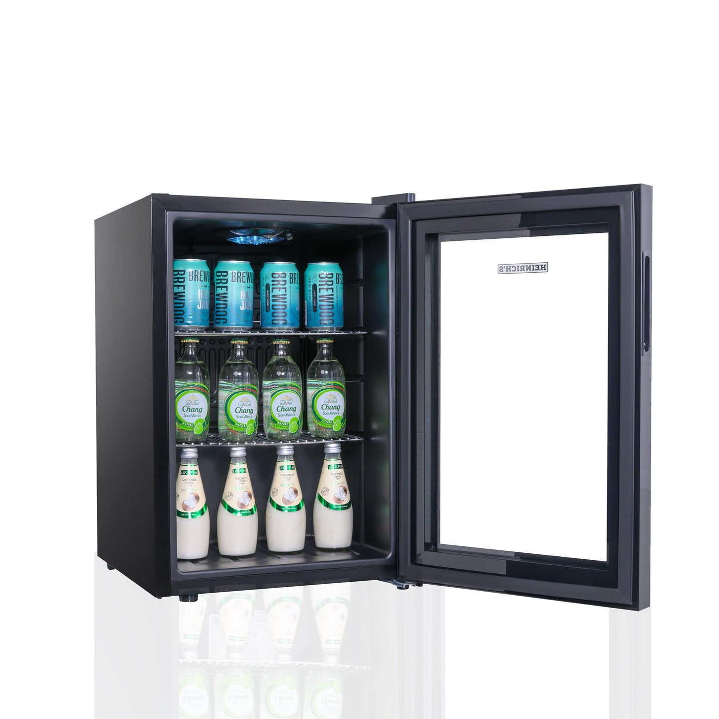 HEINRICHS Getränkekühlschrank 62L mit Glastür – LED-Beleuchtung, 4-18°C, 40dB leise, für Büro/Camping/Garten, 2 Ablagen
