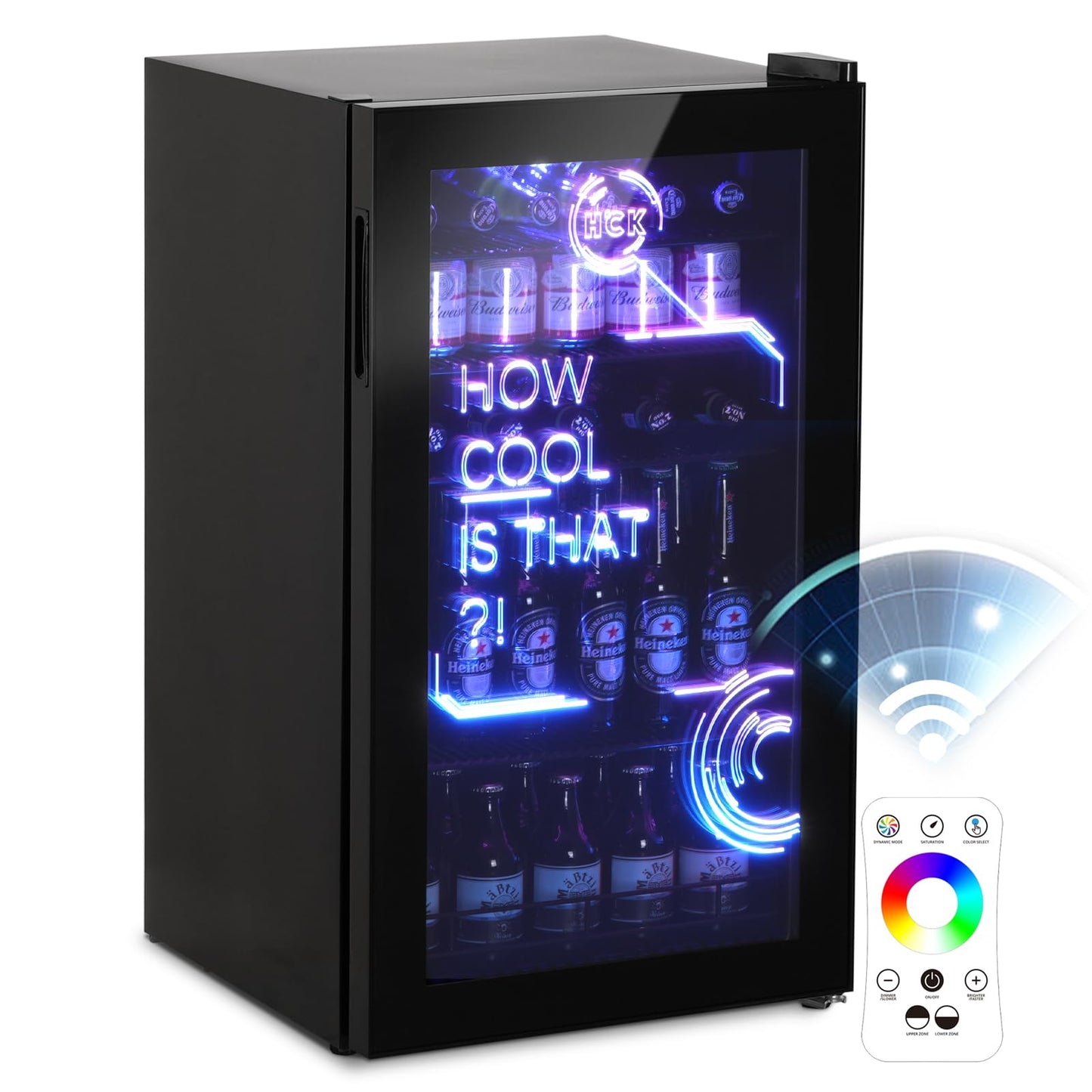 HCK 98L Getränkekühlschrank mit RGB-Cyberpunk-Beleuchtung & Glastür – 39dB leise, 0-15°C, Minibar für Gaming-Zimmer, Küche, Schwarz