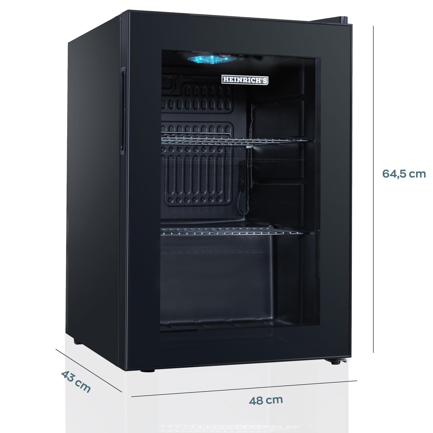 HEINRICHS Getränkekühlschrank 62L mit Glastür – LED-Beleuchtung, 4-18°C, 40dB leise, für Büro/Camping/Garten, 2 Ablagen