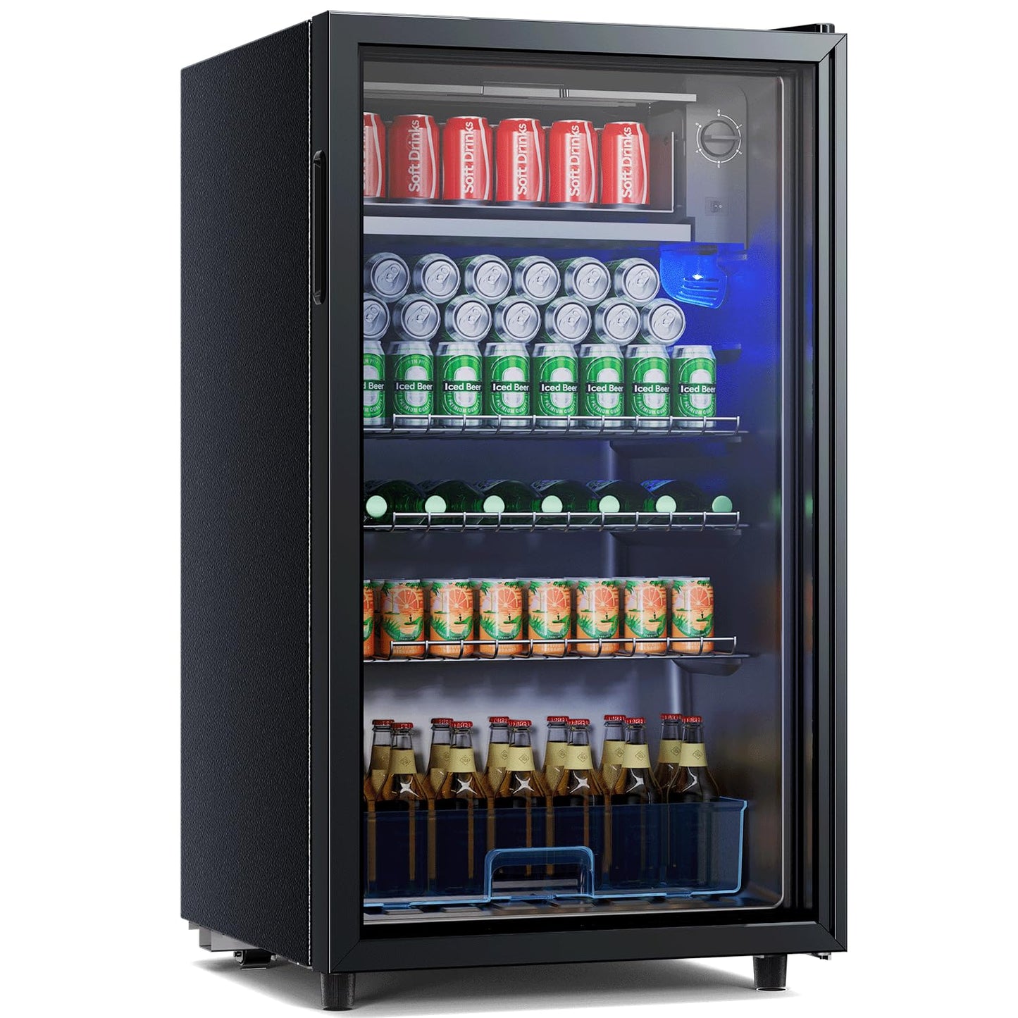 TRIUMPHKEY Getränkekühlschrank 85L - Bierkühlschrank mit blauer LED-Beleuchtung & Vollglas-Tür, 4 Ablagen + Flaschenhalter, für Soda/Bier/Wein
