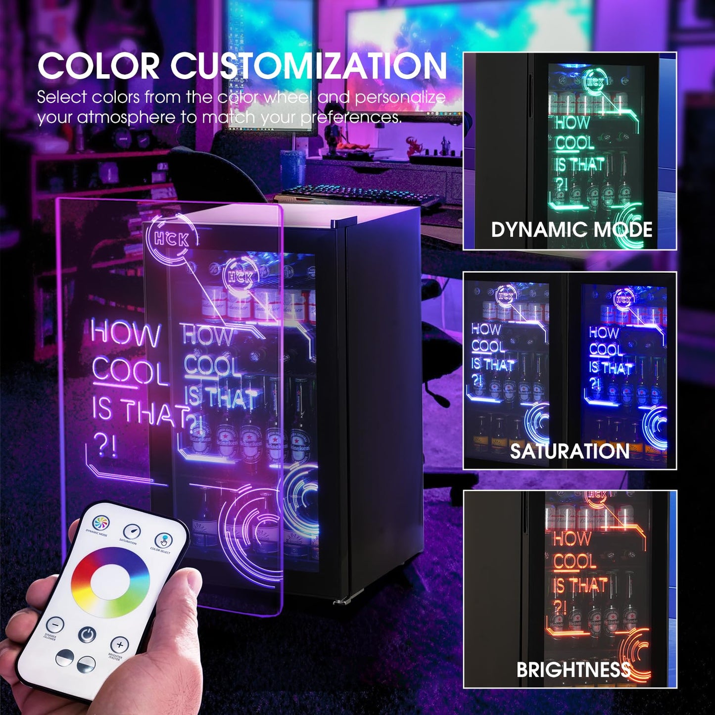 HCK 98L Getränkekühlschrank mit RGB-Cyberpunk-Beleuchtung & Glastür – 39dB leise, 0-15°C, Minibar für Gaming-Zimmer, Küche, Schwarz