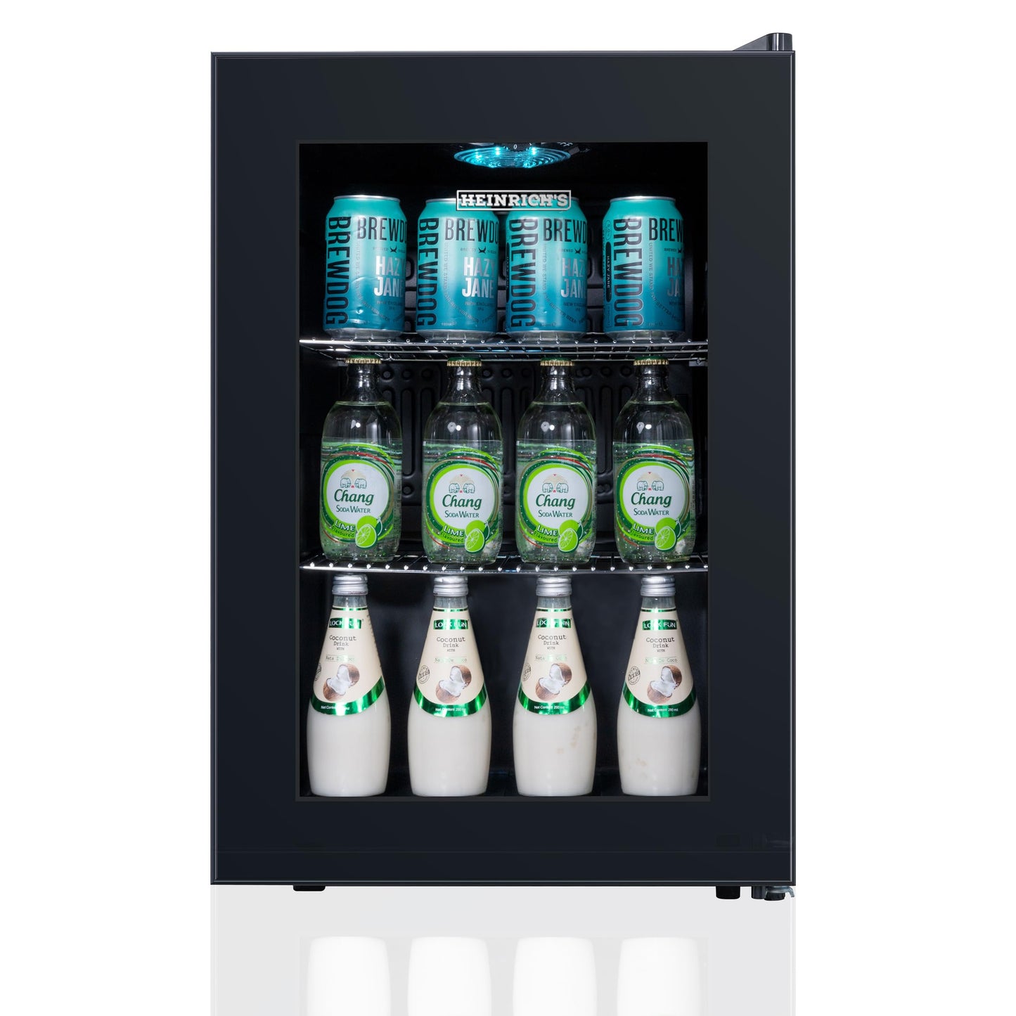 HEINRICHS Getränkekühlschrank 62L mit Glastür – LED-Beleuchtung, 4-18°C, 40dB leise, für Büro/Camping/Garten, 2 Ablagen