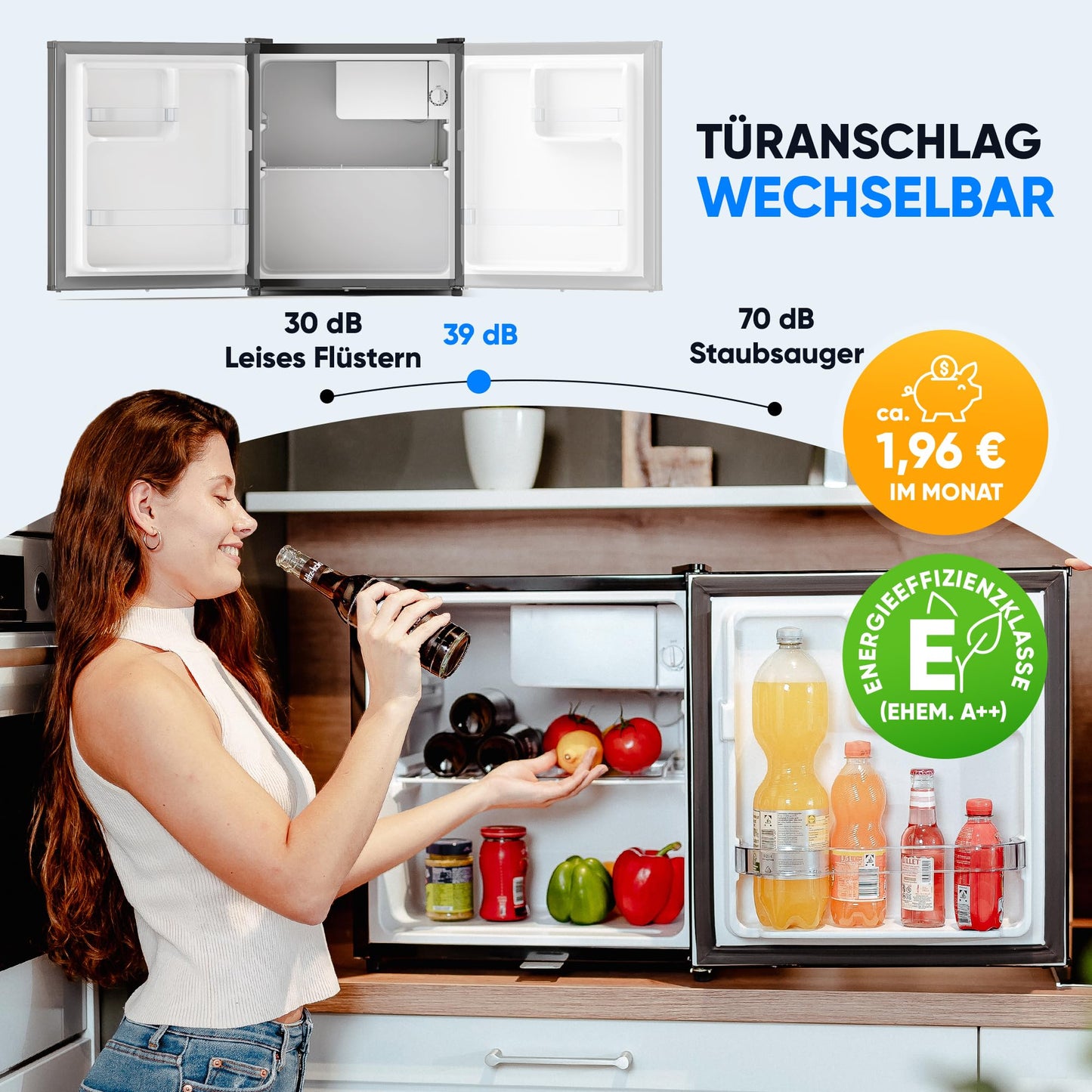 Stillstern Mini-Kühlschrank 45L – Abtauautomatik, Frostfach, Schloss, leise (Energieklasse E), ideal für Küche/Büro/Hotel, weiß