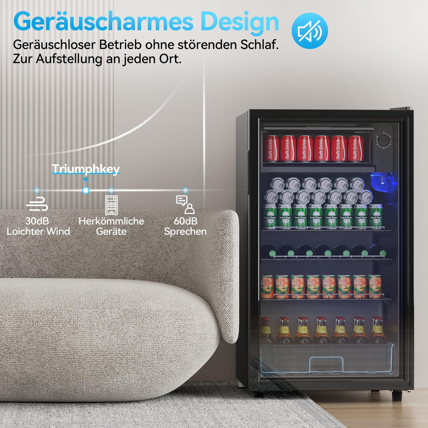 TRIUMPHKEY Getränkekühlschrank 85L - Bierkühlschrank mit blauer LED-Beleuchtung & Vollglas-Tür, 4 Ablagen + Flaschenhalter, für Soda/Bier/Wein