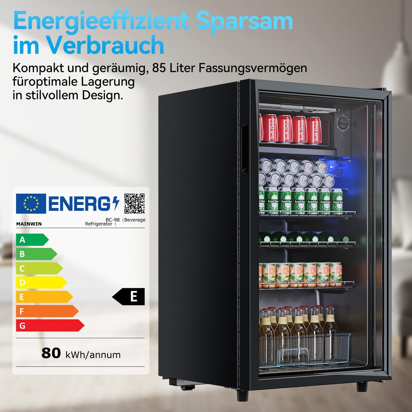 TRIUMPHKEY Getränkekühlschrank 85L - Bierkühlschrank mit blauer LED-Beleuchtung & Vollglas-Tür, 4 Ablagen + Flaschenhalter, für Soda/Bier/Wein