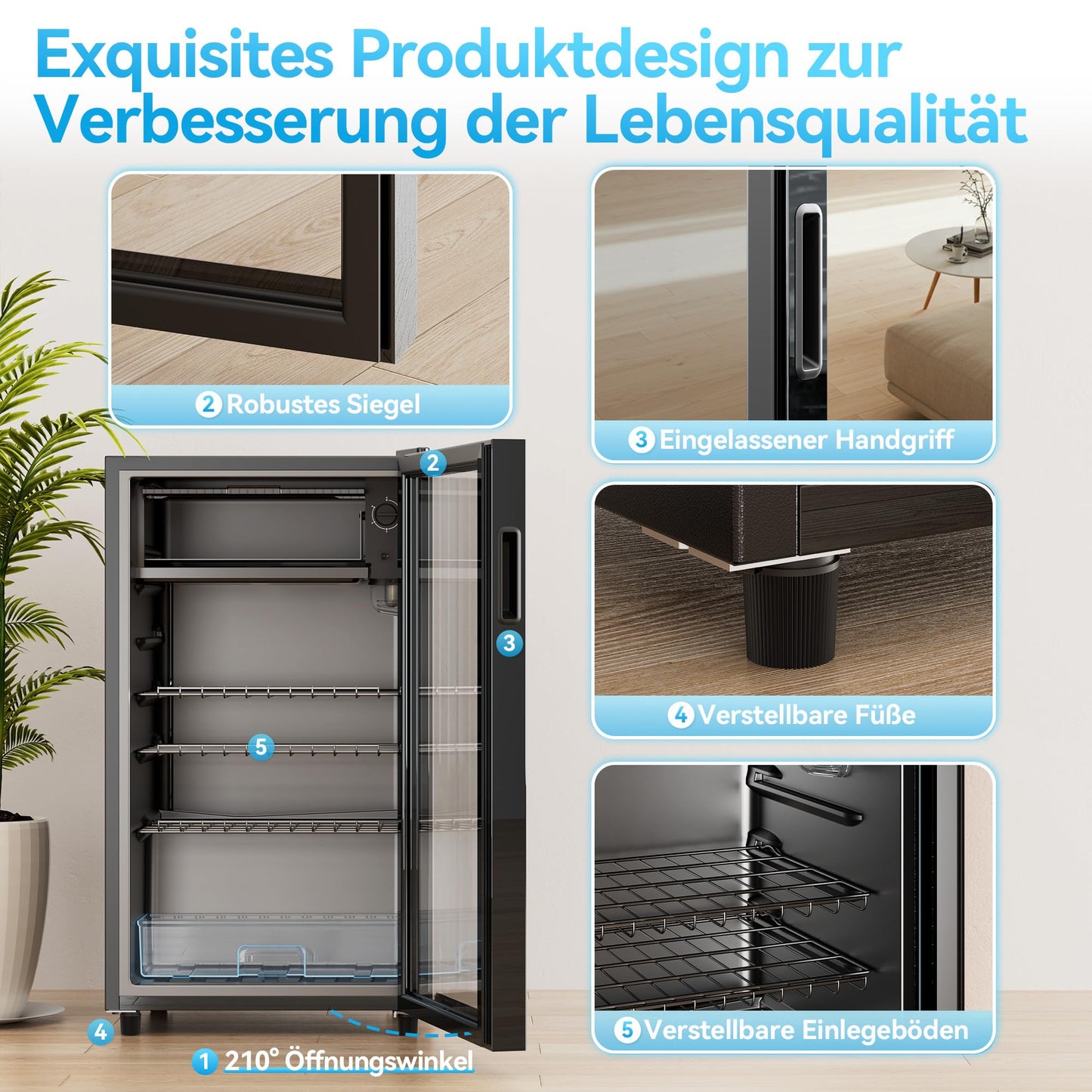 TRIUMPHKEY Getränkekühlschrank 85L - Bierkühlschrank mit blauer LED-Beleuchtung & Vollglas-Tür, 4 Ablagen + Flaschenhalter, für Soda/Bier/Wein