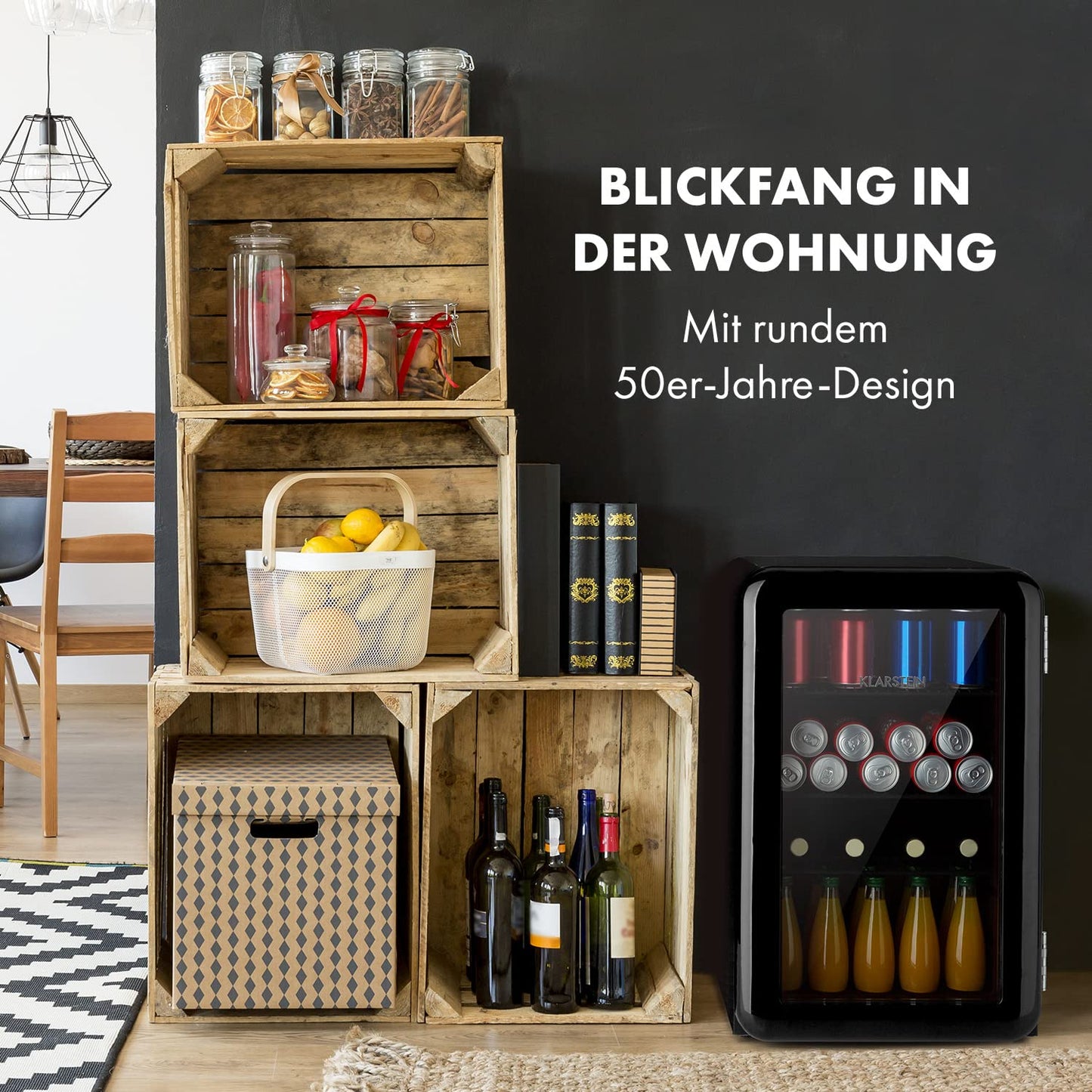 Klarstein PopLife 70L Retro-Minibar – Getränkekühler mit doppelt verglaster Tür, 0-10°C, 39dB leise, umweltfreundlich, Schwarz