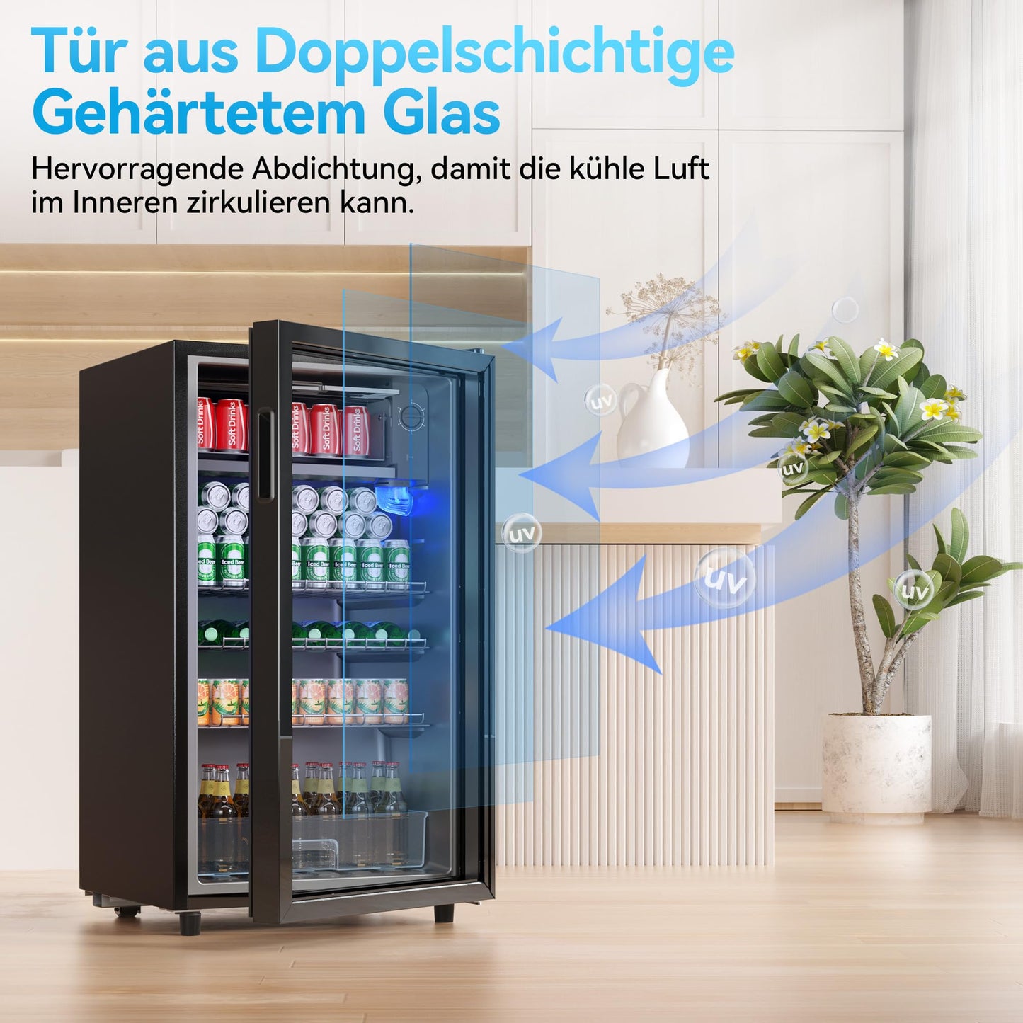 TRIUMPHKEY Getränkekühlschrank 85L - Bierkühlschrank mit blauer LED-Beleuchtung & Vollglas-Tür, 4 Ablagen + Flaschenhalter, für Soda/Bier/Wein