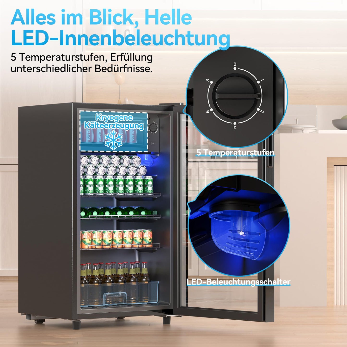 TRIUMPHKEY Getränkekühlschrank 85L - Bierkühlschrank mit blauer LED-Beleuchtung & Vollglas-Tür, 4 Ablagen + Flaschenhalter, für Soda/Bier/Wein