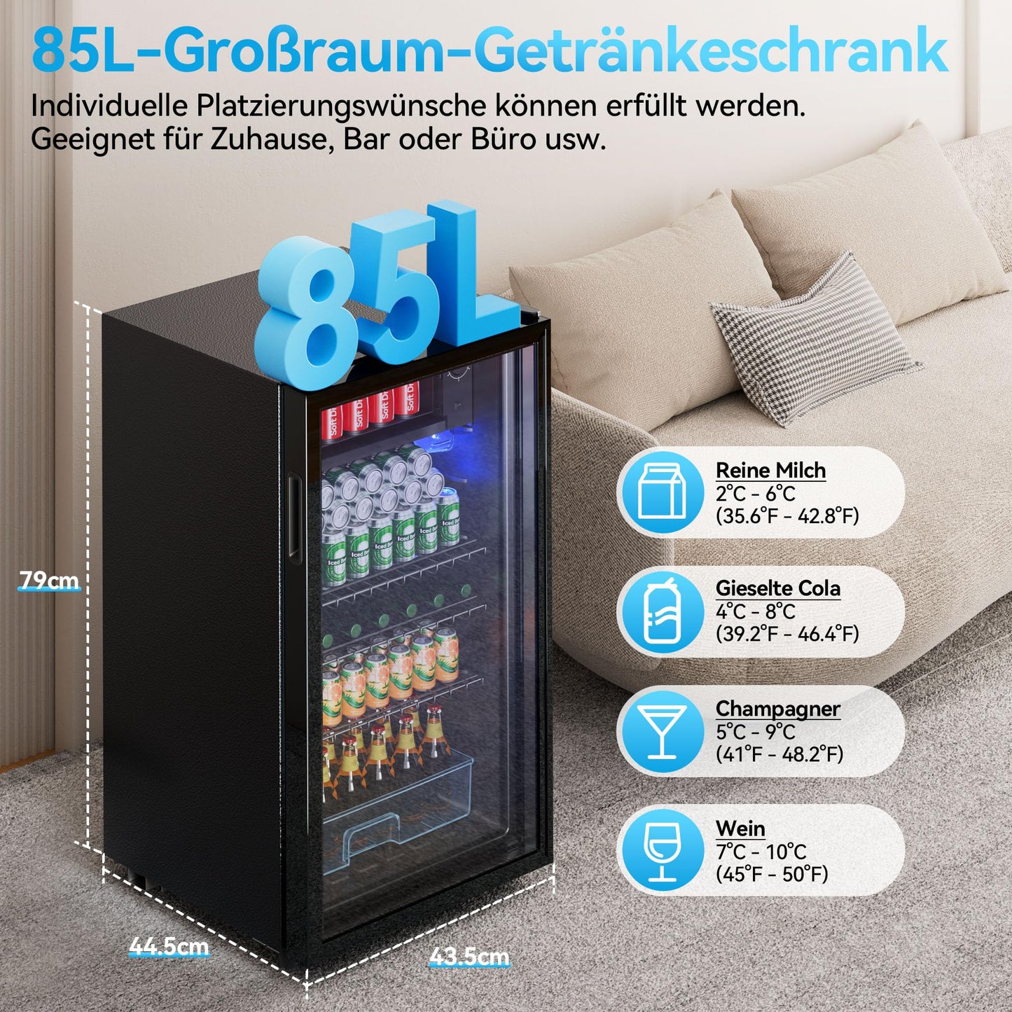 TRIUMPHKEY Getränkekühlschrank 85L - Bierkühlschrank mit blauer LED-Beleuchtung & Vollglas-Tür, 4 Ablagen + Flaschenhalter, für Soda/Bier/Wein