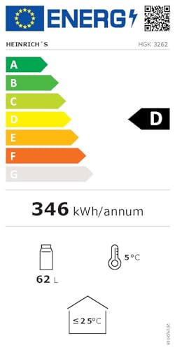HEINRICHS Getränkekühlschrank 62L mit Glastür – LED-Beleuchtung, 4-18°C, 40dB leise, für Büro/Camping/Garten, 2 Ablagen