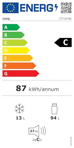 CHIQ CTT107BC Kühlschrank Klein 107 Liter, Höhe 84cm, Tiefe 55cm, Vario Box, Mikro-Gefrierfach, 7 Temperaturregelstufen, geräuscharm, 87 kWh/Jahr, Schwarz