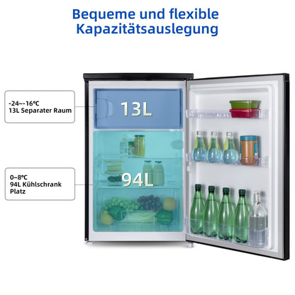 CHIQ CTT107BC Kühlschrank Klein 107 Liter, Höhe 84cm, Tiefe 55cm, Vario Box, Mikro-Gefrierfach, 7 Temperaturregelstufen, geräuscharm, 87 kWh/Jahr, Schwarz