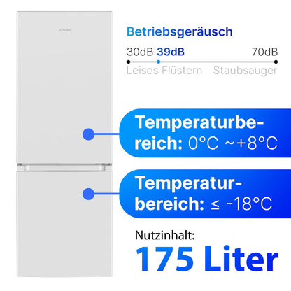 Bomann KG 320.2 Kühl-Gefrierkombi 175L weiß – Energieklasse E, 39dB leise, 3 Ablagen + 3 Schubladen, Türanschlag wechselbar, 143cm