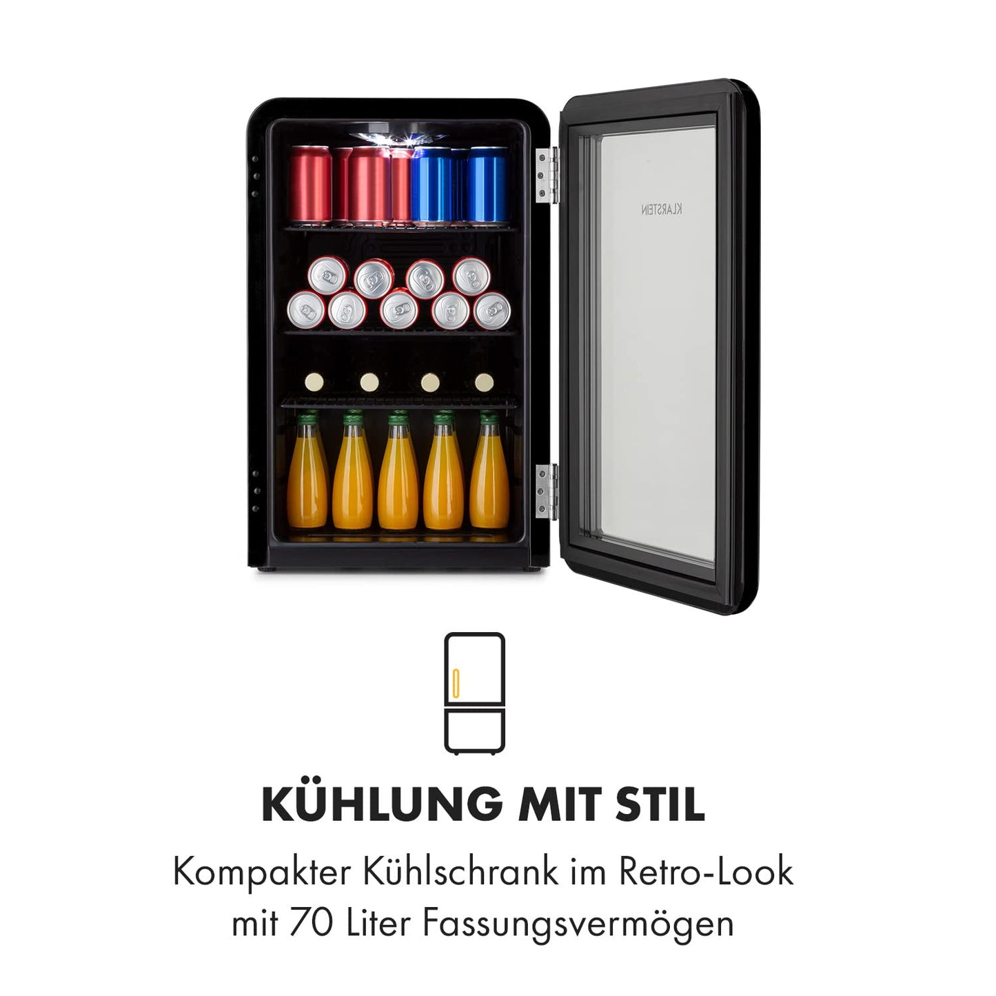 Klarstein PopLife 70L Retro-Minibar – Getränkekühler mit doppelt verglaster Tür, 0-10°C, 39dB leise, umweltfreundlich, Schwarz