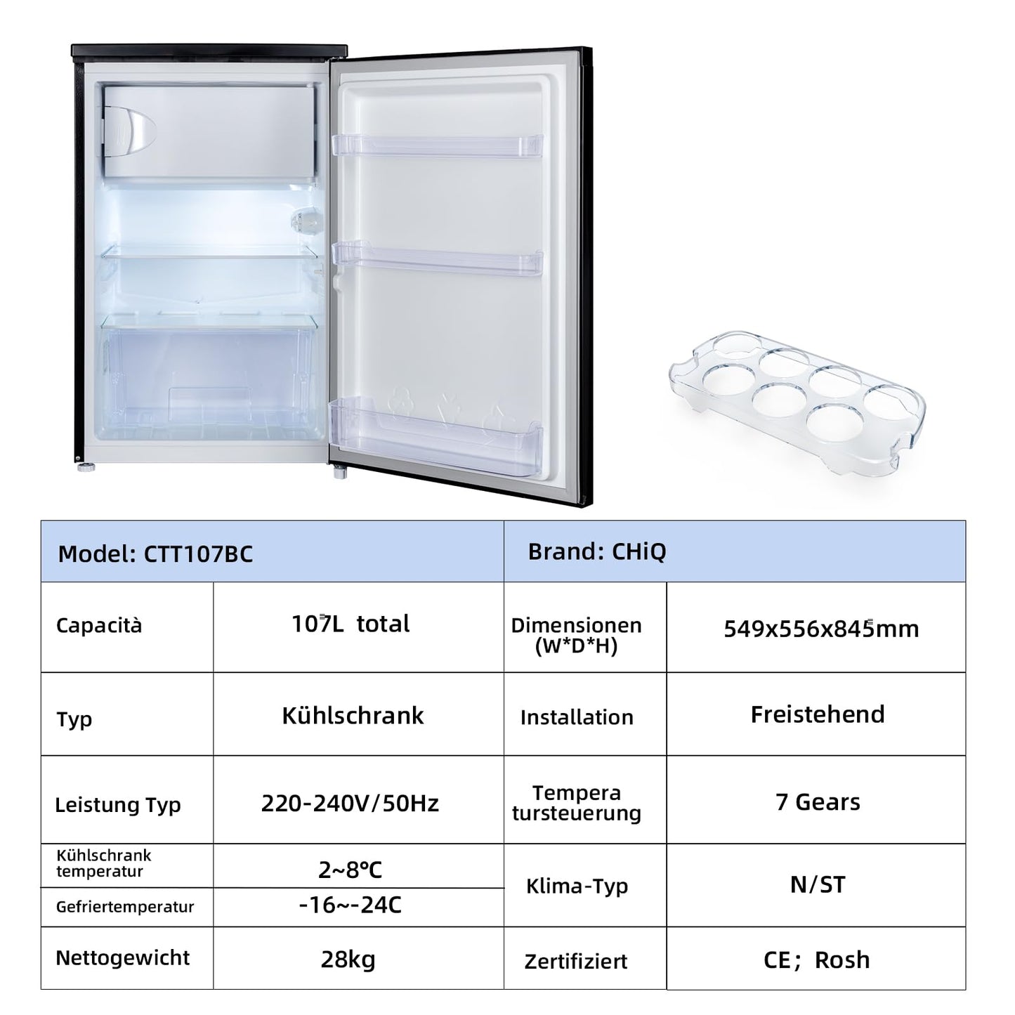 CHIQ CTT107BC Kühlschrank Klein 107 Liter, Höhe 84cm, Tiefe 55cm, Vario Box, Mikro-Gefrierfach, 7 Temperaturregelstufen, geräuscharm, 87 kWh/Jahr, Schwarz
