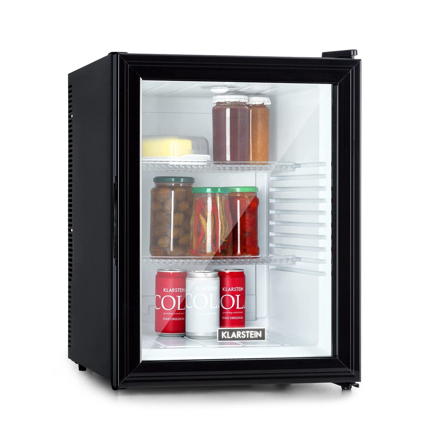 Klarstein Brooklyn 42 Mini-Kühlschrank mit Glastür – 42L, 12-18°C, 0dB, thermoelektrisch, Auto-Defrost, weiß/schwarz