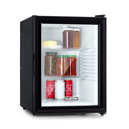 Klarstein Brooklyn 42 Mini-Kühlschrank mit Glastür – 42L, 12-18°C, 0dB, thermoelektrisch, Auto-Defrost, weiß/schwarz