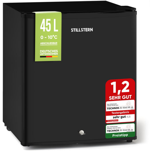 Stillstern Mini-Kühlschrank 45L – Abtauautomatik, Frostfach, Schloss, leise (Energieklasse E), ideal für Küche/Büro/Hotel, weiß