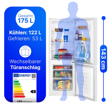 Bomann KG 320.2 Kühl-Gefrierkombi 175L weiß – Energieklasse E, 39dB leise, 3 Ablagen + 3 Schubladen, Türanschlag wechselbar, 143cm