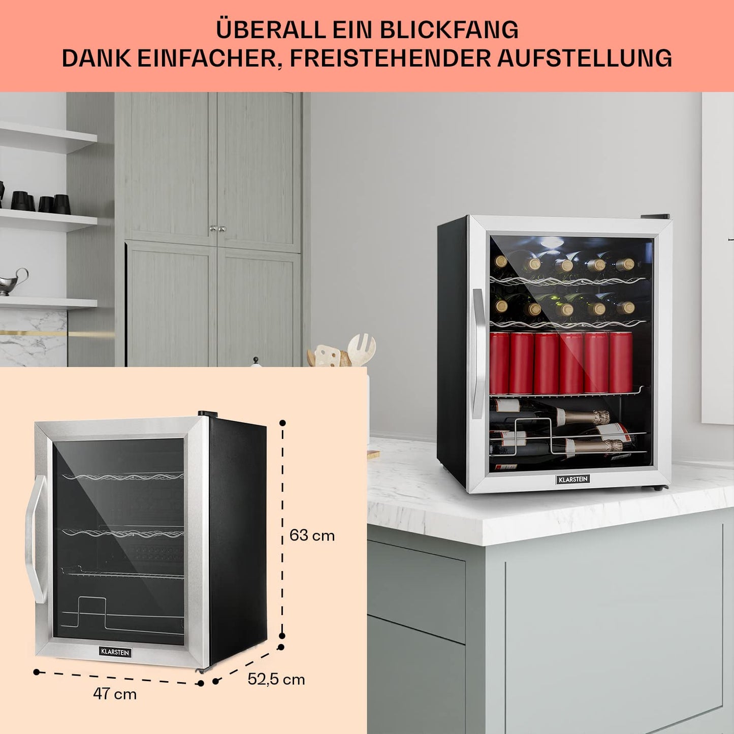 Klarstein Mini-Kühlschrank 60L mit Glastür – leise, verstellbare Wellenform-Ablagen, ideal für Zimmer/Getränke