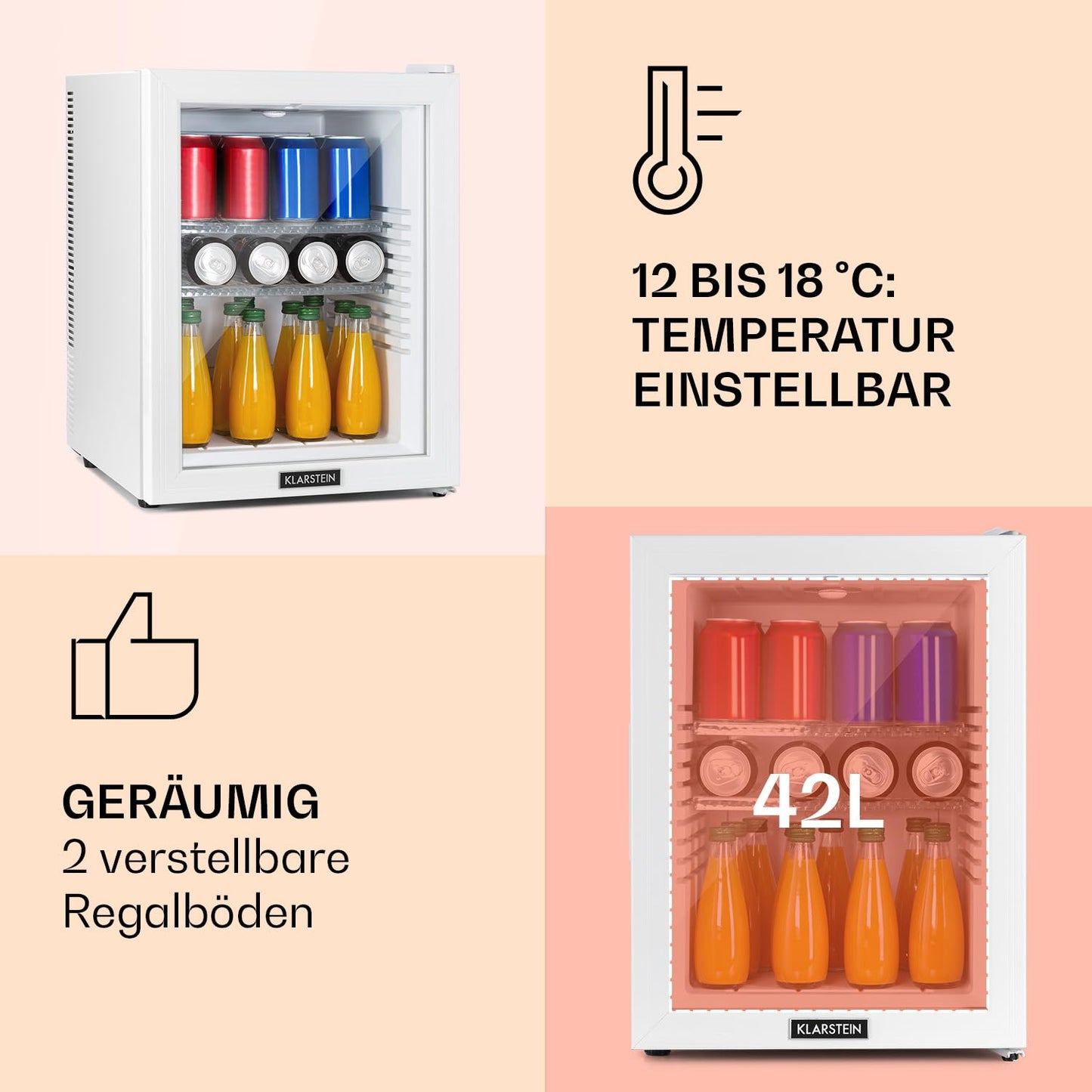 Klarstein 42L Mini-Kühlschrank mit Glastür – Leise, 12-18°C, für Getränke, Snacks & Kosmetik, verstellbare Ablagen, Schwarz