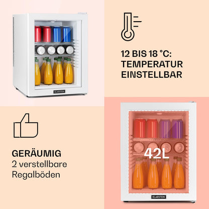 Klarstein 42L Mini-Kühlschrank mit Glastür – Leise, 12-18°C, für Getränke, Snacks & Kosmetik, verstellbare Ablagen, Schwarz