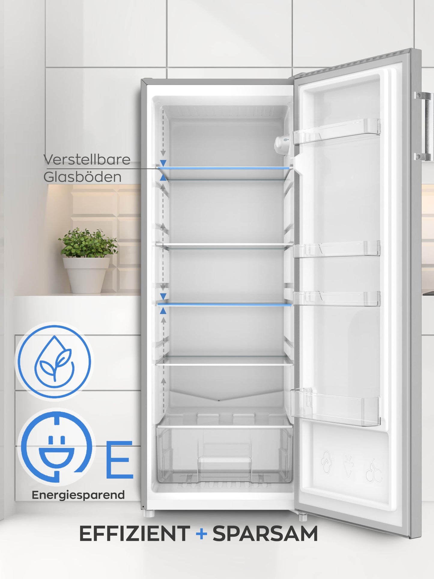 Heinrich’s Kühlschrank 241L freistehend – Inox-Edelstahl, 39dB leise, 5 Glasablagen + Gemüsefach, Türanschlag wechselbar, LED-Beleuchtung