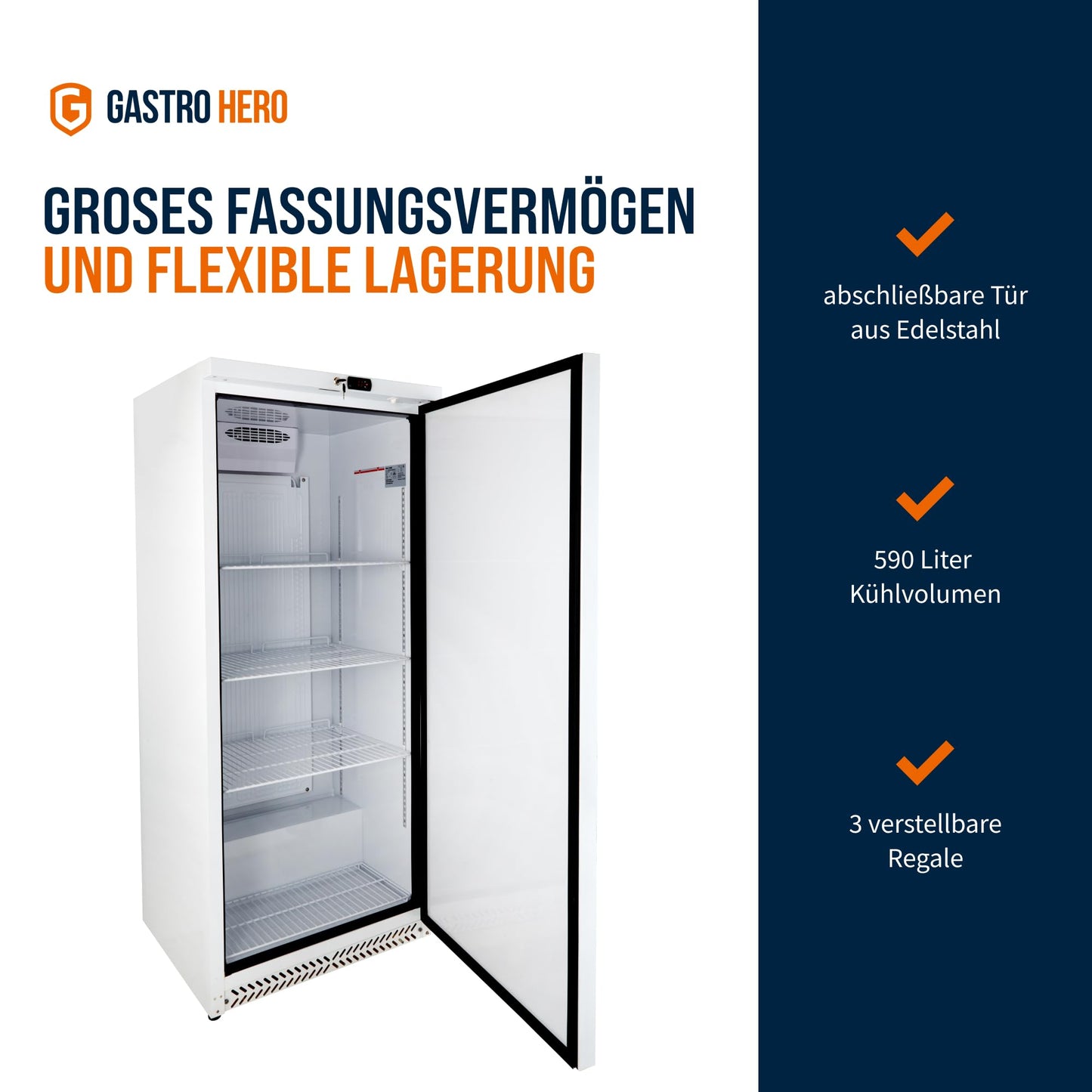 GastroHero Lagerkühlschrank Eco 590 – Edelstahl Kühlschrank, 590L, 3 verstellbare Böden, abschließbar, Innenbeleuchtung, für Gastronomie