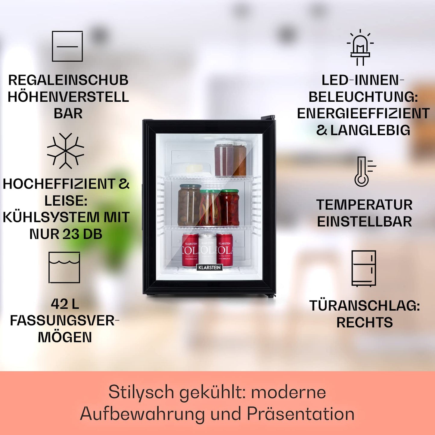 Klarstein Brooklyn 42 Mini-Kühlschrank mit Glastür – 42L, 12-18°C, 0dB, thermoelektrisch, Auto-Defrost, weiß/schwarz