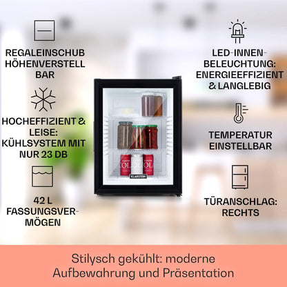 Klarstein Brooklyn 42 Mini-Kühlschrank mit Glastür – 42L, 12-18°C, 0dB, thermoelektrisch, Auto-Defrost, weiß/schwarz