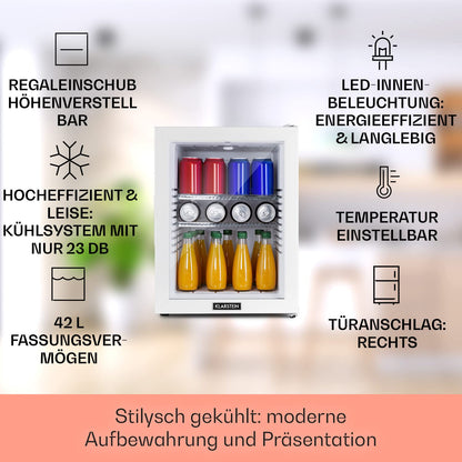 Klarstein 42L Mini-Kühlschrank mit Glastür – Leise, 12-18°C, für Getränke, Snacks & Kosmetik, verstellbare Ablagen, Schwarz