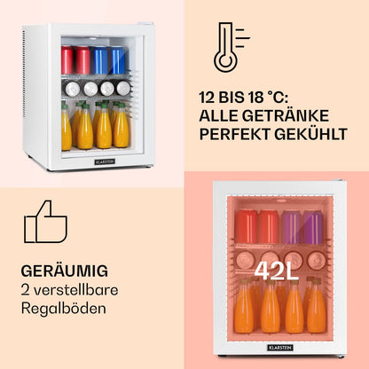 Klarstein 42L Mini-Kühlschrank mit Glastür – Leise, 12-18°C, für Getränke, Snacks & Kosmetik, verstellbare Ablagen, Schwarz