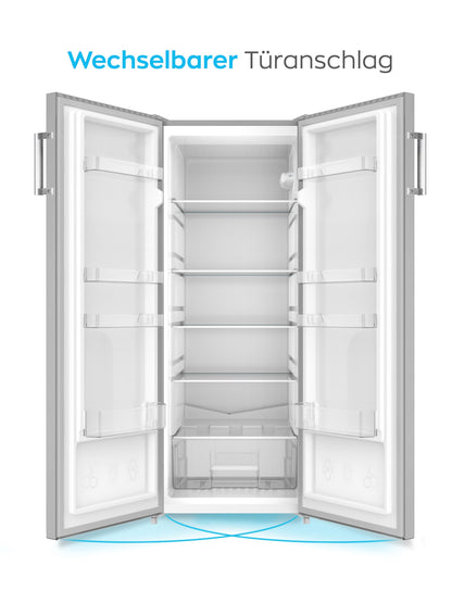 Heinrich’s Kühlschrank 241L freistehend – Inox-Edelstahl, 39dB leise, 5 Glasablagen + Gemüsefach, Türanschlag wechselbar, LED-Beleuchtung