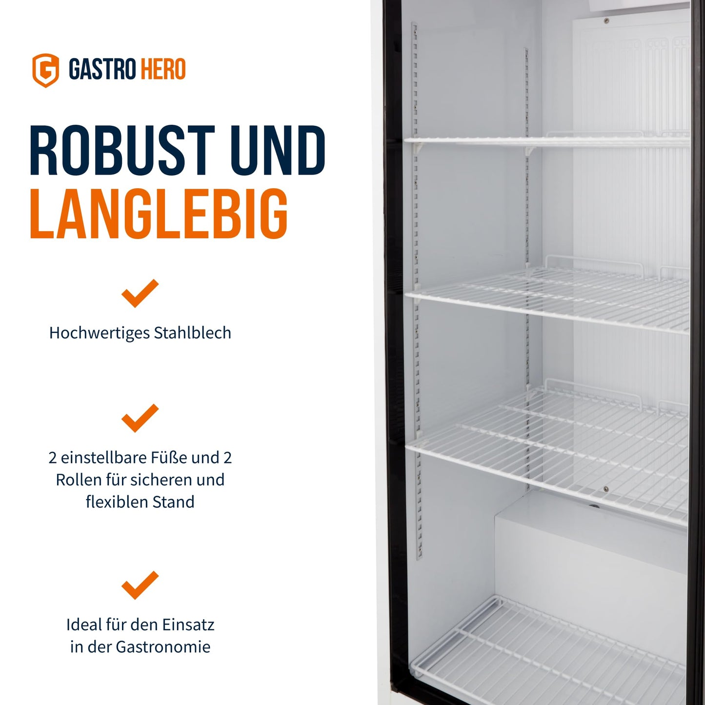 GastroHero Lagerkühlschrank Eco 590 – Edelstahl Kühlschrank, 590L, 3 verstellbare Böden, abschließbar, Innenbeleuchtung, für Gastronomie