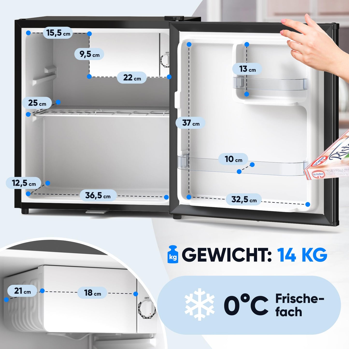 Stillstern Mini-Kühlschrank 45L – Abtauautomatik, Frostfach, Schloss, leise (Energieklasse E), ideal für Küche/Büro/Hotel, weiß