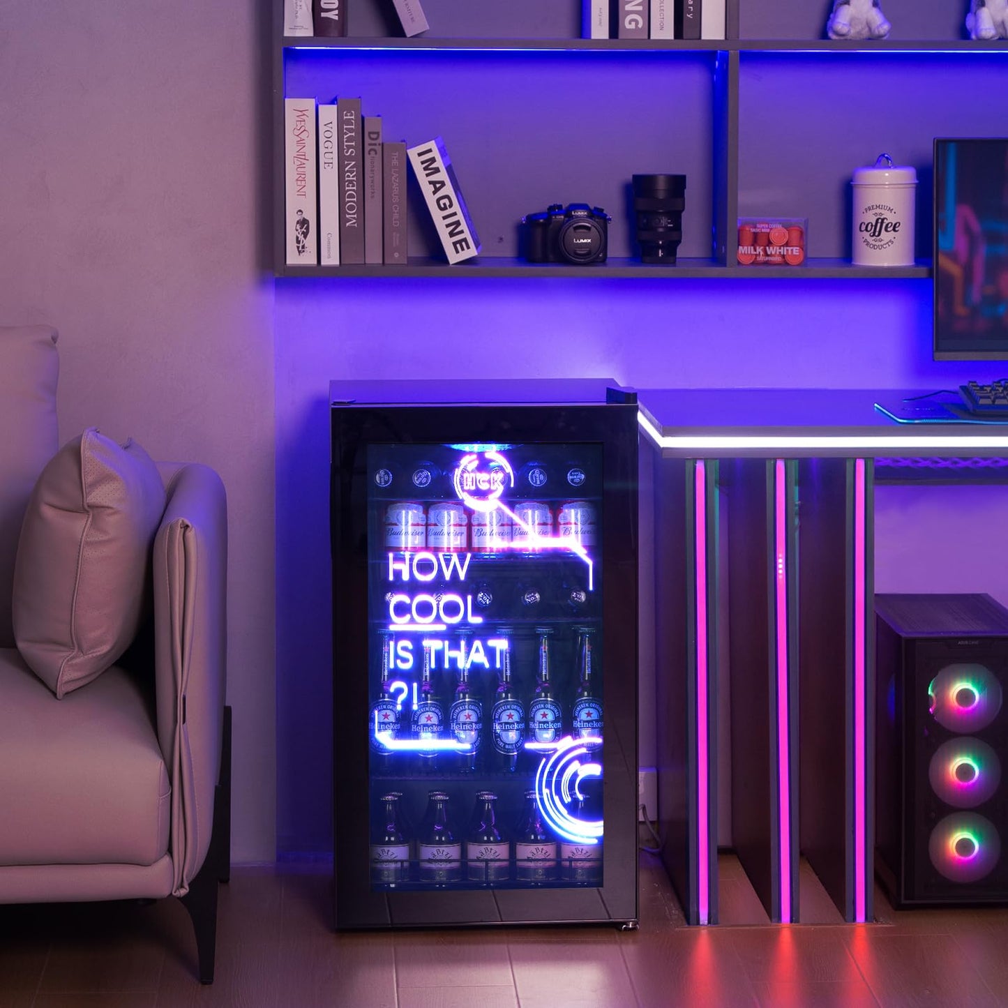 HCK 98L Getränkekühlschrank mit RGB-Cyberpunk-Beleuchtung & Glastür – 39dB leise, 0-15°C, Minibar für Gaming-Zimmer, Küche, Schwarz