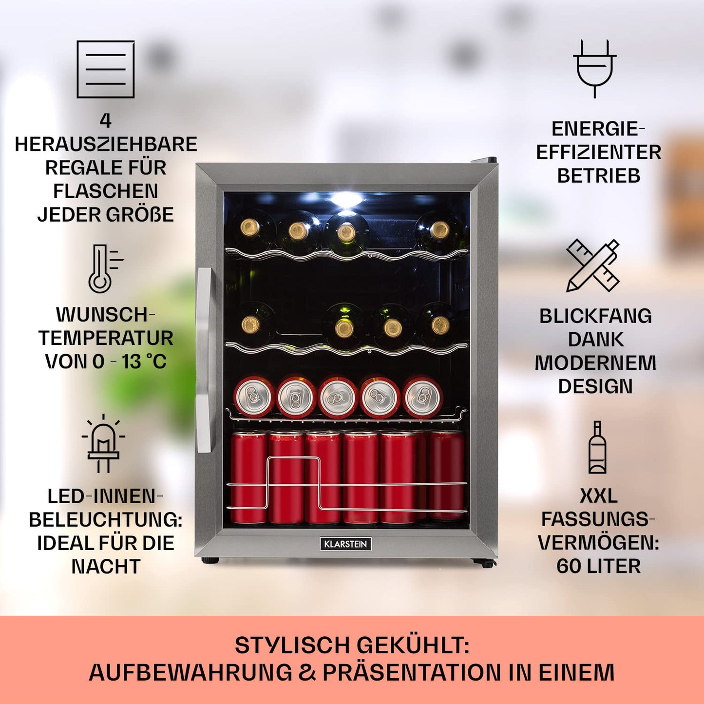 Klarstein Mini-Kühlschrank 60L mit Glastür – leise, verstellbare Wellenform-Ablagen, ideal für Zimmer/Getränke