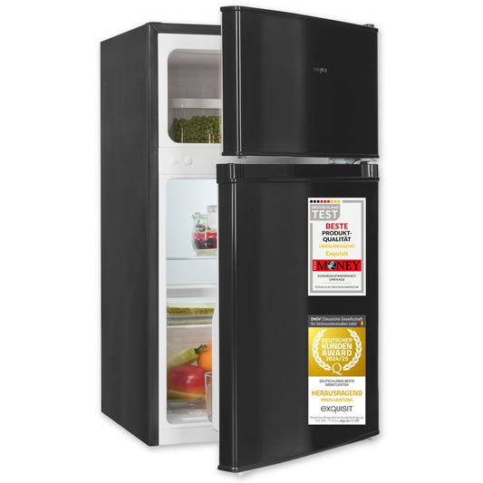 Exquisit Mini Kühl-Gefrierkombination, 85 cm Höhe, Kühlschrank mit Gefrierfach klein, 85 Liter, 4-Sterne-Gefrieren, KGC590-30-E-040E schwarz