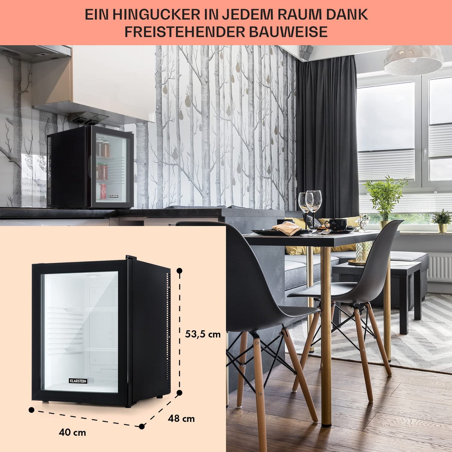 Klarstein Brooklyn 42 Mini-Kühlschrank mit Glastür – 42L, 12-18°C, 0dB, thermoelektrisch, Auto-Defrost, weiß/schwarz
