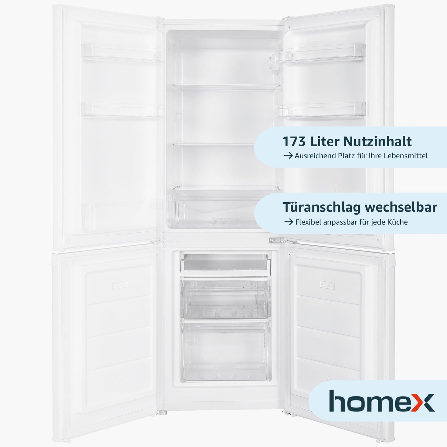 homeX Kühl-Gefrierkombi 173L weiß - 4-Sterne Gefrierfach, 142.5cm hoch, 40dB leise, freistehend, Modell CFS1110-W