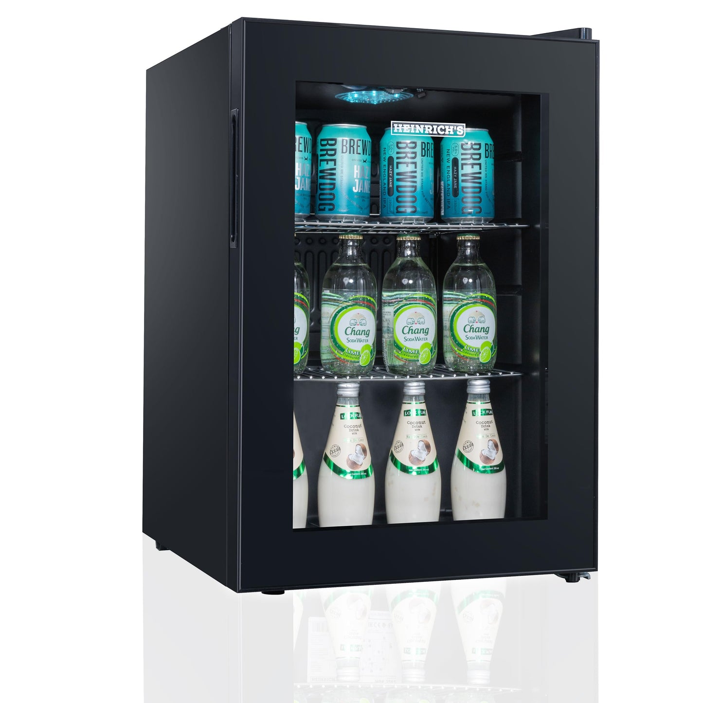 HEINRICHS Getränkekühlschrank 62L mit Glastür – LED-Beleuchtung, 4-18°C, 40dB leise, für Büro/Camping/Garten, 2 Ablagen