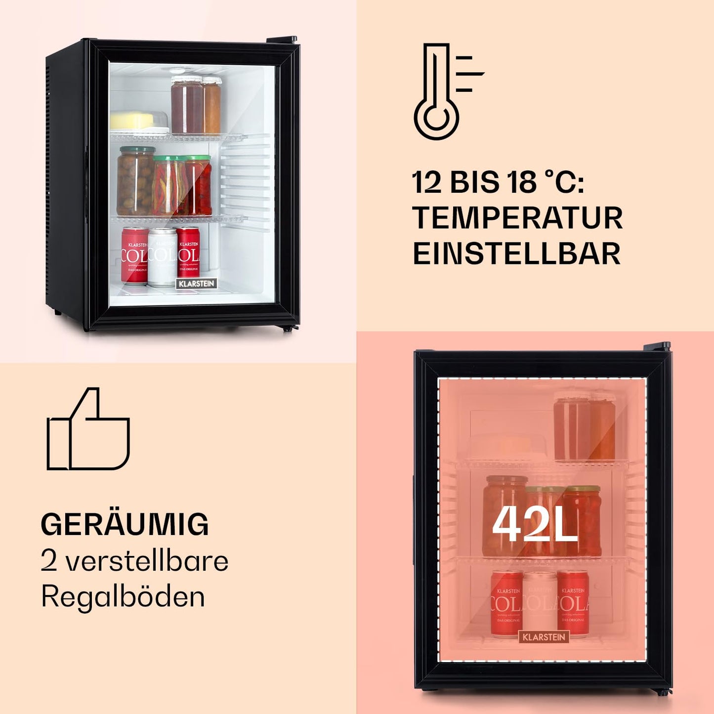 Klarstein Brooklyn 42 Mini-Kühlschrank mit Glastür – 42L, 12-18°C, 0dB, thermoelektrisch, Auto-Defrost, weiß/schwarz