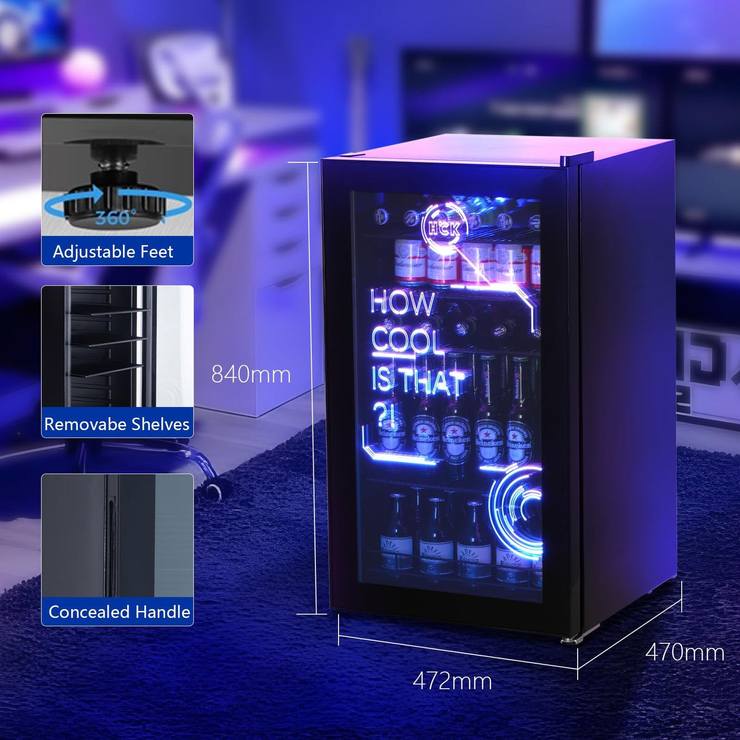 HCK 98L Getränkekühlschrank mit RGB-Cyberpunk-Beleuchtung & Glastür – 39dB leise, 0-15°C, Minibar für Gaming-Zimmer, Küche, Schwarz
