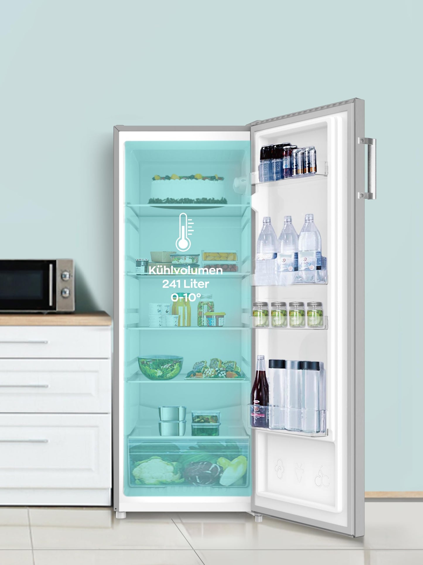 Heinrich’s Kühlschrank 241L freistehend – Inox-Edelstahl, 39dB leise, 5 Glasablagen + Gemüsefach, Türanschlag wechselbar, LED-Beleuchtung