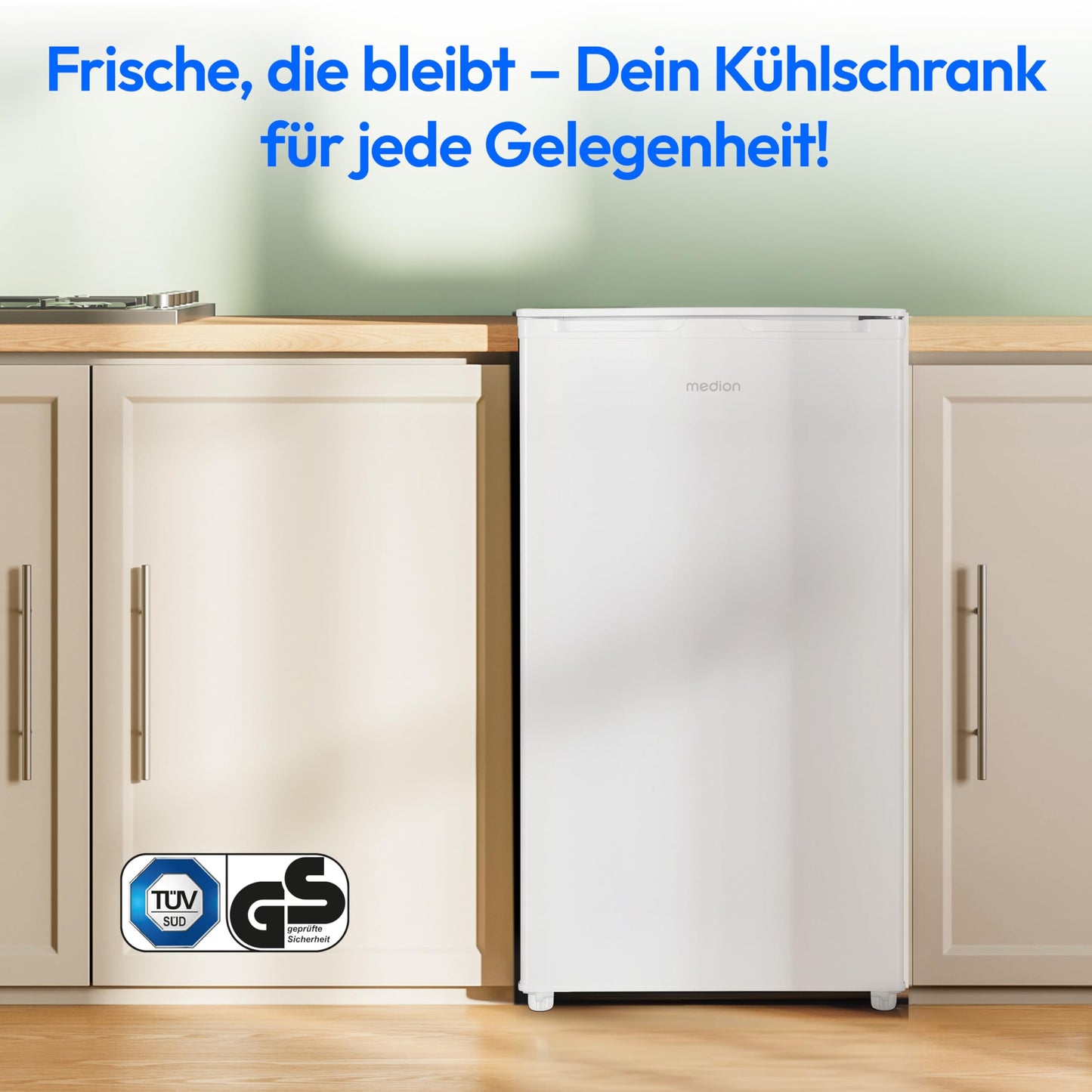 MEDION Kühlschrank mit Eiswürfelfach 90L - MD37690, freistehend, Türanschlag wechselbar, transparente Gemüseschublade, höhenverstellbare Füße