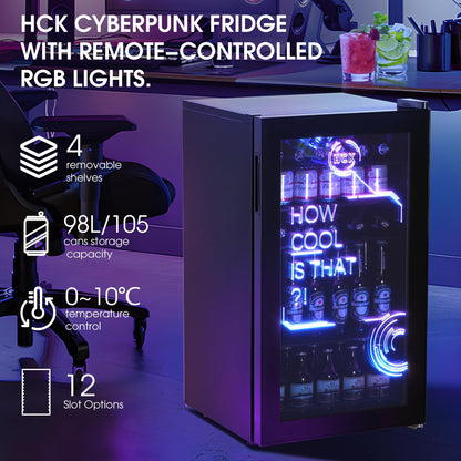 HCK 98L Getränkekühlschrank mit RGB-Cyberpunk-Beleuchtung & Glastür – 39dB leise, 0-15°C, Minibar für Gaming-Zimmer, Küche, Schwarz